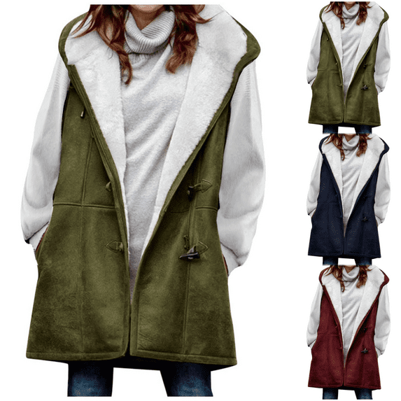 Paiwinds Women's Winter Solid Plus Velvet Coat Sleeveless Horn Buckle Pocket Overcoat for Layering and Standalone Cold Weather Fashion