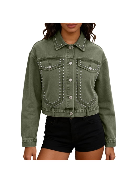 Women's Winter Studded Denim Jacket Button-Front Long Sleeve Collared Cropped Coat Casual Streetwear Western Outerwear for Women
