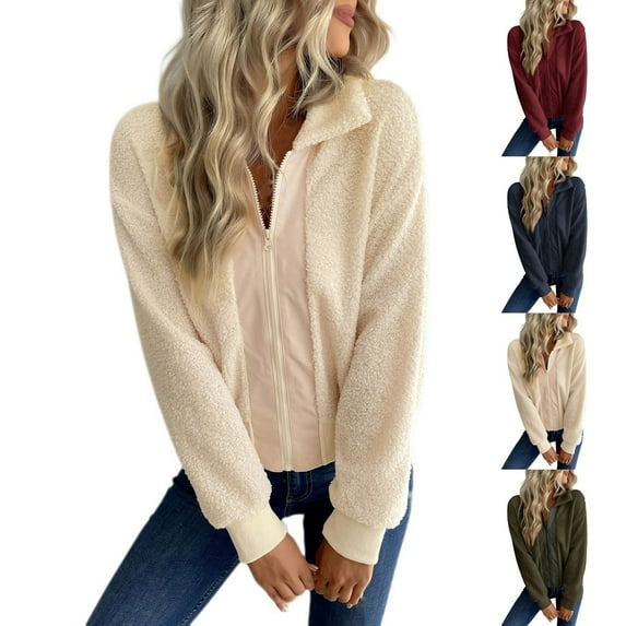 Paiwinds Women's Zip-Front Cardigan with Fold-Down Collar and Full Sleeves for Solid Color Winter Leisure Fashion