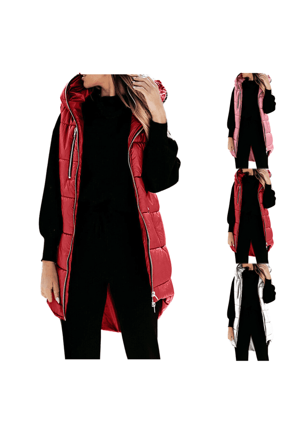 Women's Long Winter Warm Jacket with Hood Sleeveless Pockets Coat Modern Minimalist Style for Urban Wear and Cold Weather