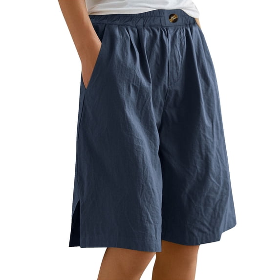 Paiyanr Cotton Linen Bermuda Shorts for Women Summer Breathable Loose Elastic Waist Buttons Half Short Pants with Pockets