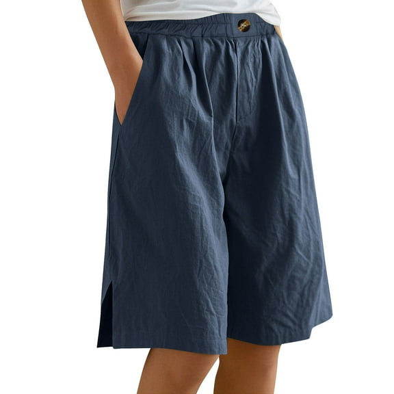 Paiyanr Cotton Linen Bermuda Shorts for Women Summer Breathable Loose Elastic Waist Buttons Half Short Pants with Pockets