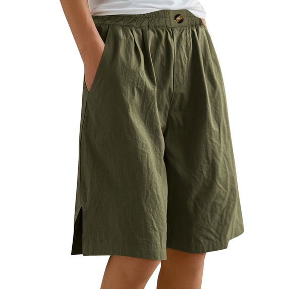 Paiyanr Cotton Linen Bermuda Shorts for Women Summer Breathable Loose Elastic Waist Buttons Half Short Pants with Pockets