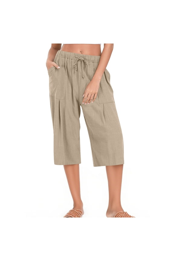Cotton Linen Capris for Women Summer Breathable Loose Solid Color Trousers with Pocket