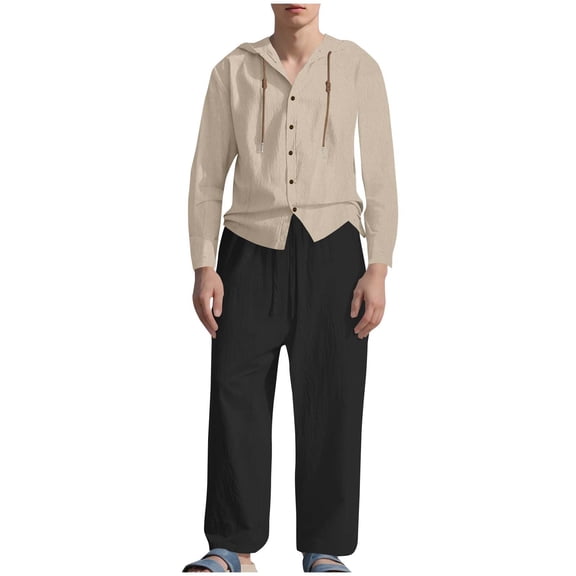 Paiyanr Cotton Linen Sets for Men Summer Breathable Hooded Shirts Pants 2 Piece Outfits Solid Color Casual Long Sleeve Drawstring Waist Beach Pants Sets