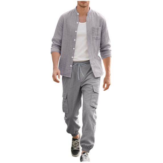 Paiyanr Cotton Linen Sets for Men Summer Breathable Shirts Cargo Pants 2 Piece Outfits Solid Color Casual Round Neck Drawstring Waist Workwear Pants Sets