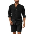 thumbnail image 1 of Paiyanr Cotton Linen Sets for Men Summer Breathable Shirts Shorts 2 Piece Outfits Solid Color Casual Stand-up Collar Long Sleeves Drawstring Waist Beach Shorts Sets, 1 of 8