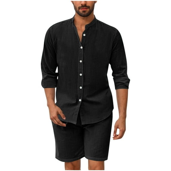 Paiyanr Cotton Linen Sets for Men Summer Breathable Shirts Shorts 2 Piece Outfits Solid Color Casual Stand-up Collar Long Sleeves Drawstring Waist Beach Shorts Sets