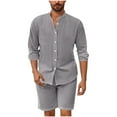 thumbnail image 1 of Paiyanr Cotton Linen Sets for Men Summer Breathable Shirts Shorts 2 Piece Outfits Solid Color Casual Stand-up Collar Long Sleeves Drawstring Waist Beach Shorts Sets, 1 of 8