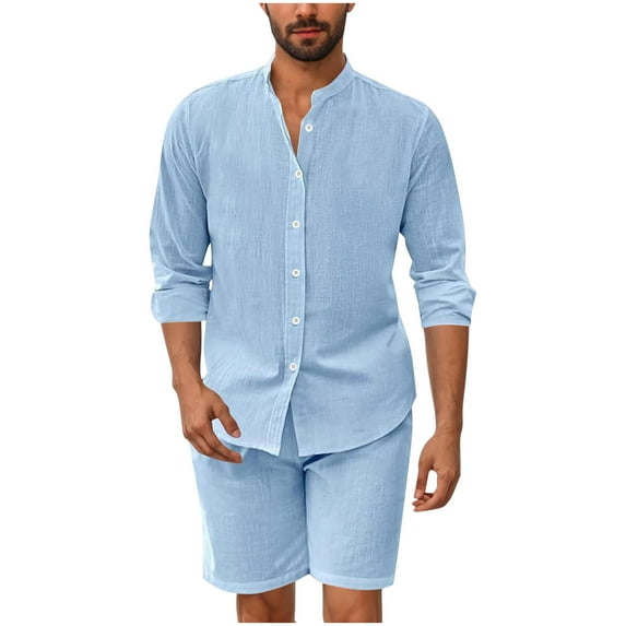Paiyanr Cotton Linen Sets for Men Summer Breathable Shirts Shorts 2 Piece Outfits Solid Color Casual Stand-up Collar Long Sleeves Drawstring Waist Beach Shorts Sets
