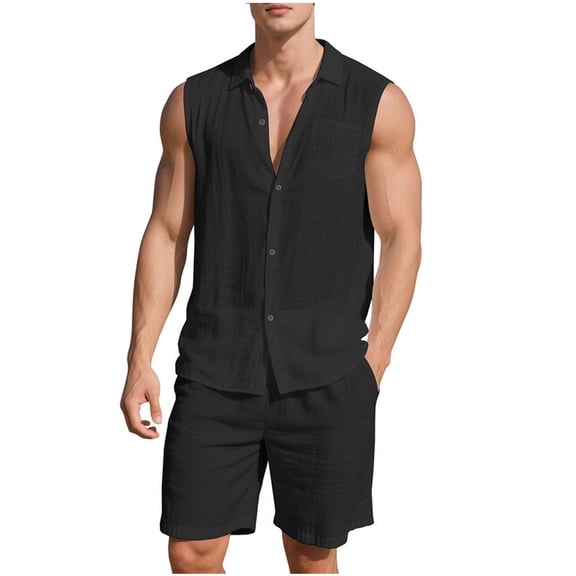 Paiyanr Cotton Linen Sets for Men Summer Breathable Tank Tops Shorts 2 Piece Outfits Solid Color Casual Sleeveless Shirt Drawstring Waist Beach Shorts Sets