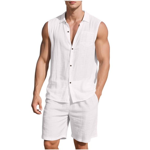 Paiyanr Cotton Linen Sets for Men Summer Breathable Tank Tops Shorts 2 Piece Outfits Solid Color Casual Sleeveless Shirt Drawstring Waist Beach Shorts Sets