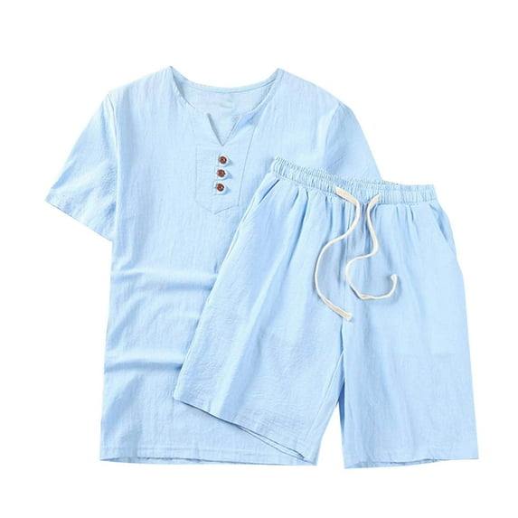 Paiyanr Cotton Linen Sets for Men Summer Breathable Tops Shorts 2 Piece Outfits Solid Color Casual Drawstring Shorts Button Short Sleeve V-Neck Blouses Sets with Pocket