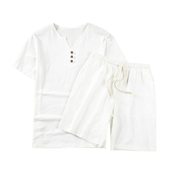 Paiyanr Cotton Linen Sets for Men Summer Breathable Tops Shorts 2 Piece Outfits Solid Color Casual Drawstring Shorts Button Short Sleeve V-Neck Blouses Sets with Pocket