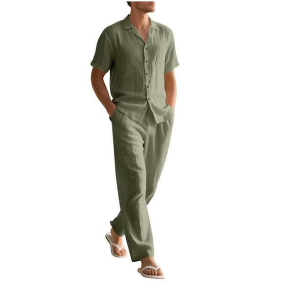Paiyanr Cotton Linen Sets for Men Summer Breathable Shirts Pants 2 Piece Outfits Solid Color Casual Short Sleeve Drawstring Waist Beach Pants Sets