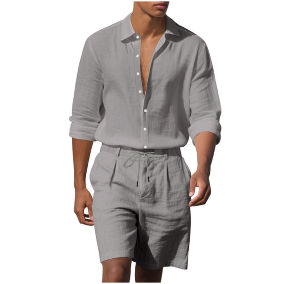 Paiyanr Cotton Linen Sets for Men Summer Breathable Shirts Shorts 2 Piece Outfits Solid Color Casual Long Sleeves Drawstring Waist Beach Shorts Sets