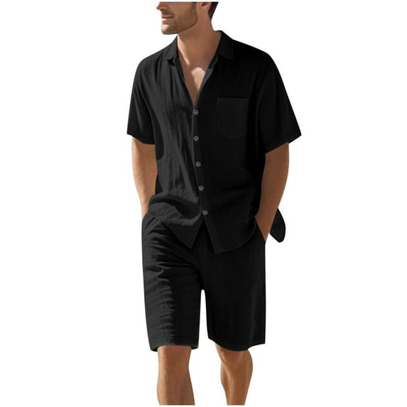 Paiyanr Cotton Linen Sets for Men Summer Breathable Shirts Shorts 2 Piece Outfits Solid Color Casual Short Sleeve Drawstring Waist Beach Shorts Sets