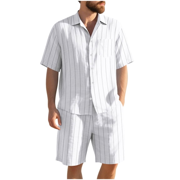 Paiyanr Cotton Linen Sets for Men Summer Breathable Striped Shirts Shorts 2 Piece Outfits Casual Short Sleeve Drawstring Waist Beach Shorts Sets