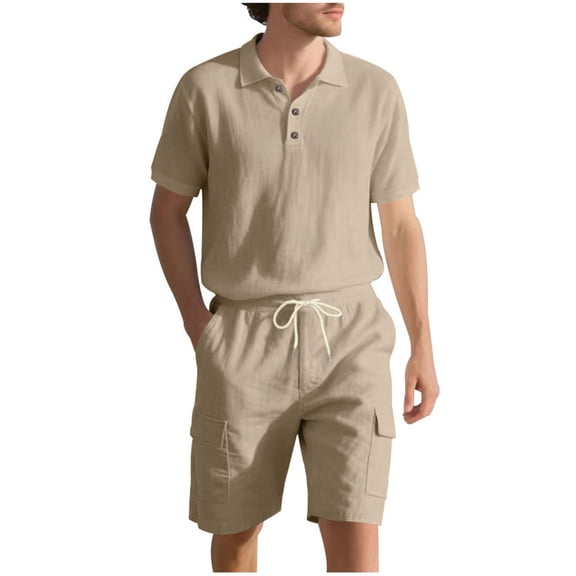 Paiyanr Cotton Linen Sets for Men Summer Breathable Tops Shorts 2 Piece Outfits Casual Short Sleeve Drawstring Waist Workwear Beach Shorts Sets