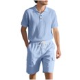 thumbnail image 1 of Paiyanr Cotton Linen Sets for Men Summer Breathable Tops Shorts 2 Piece Outfits Casual Short Sleeve Drawstring Waist Workwear Beach Shorts Sets, 1 of 9
