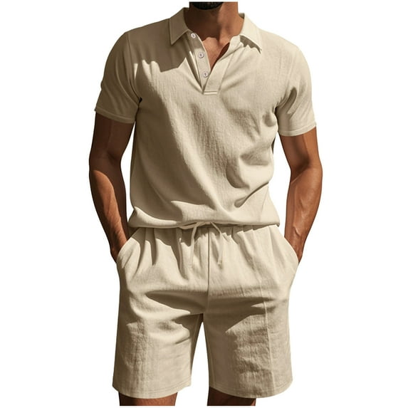 Paiyanr Cotton Linen Sets for Men Summer Breathable Tops Shorts 2 Piece Outfits Solid Color Casual Drawstring Waist Shorts Sets