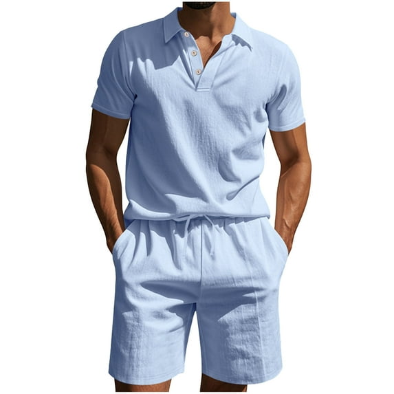 Paiyanr Cotton Linen Sets for Men Summer Breathable Tops Shorts 2 Piece Outfits Solid Color Casual Drawstring Waist Shorts Sets