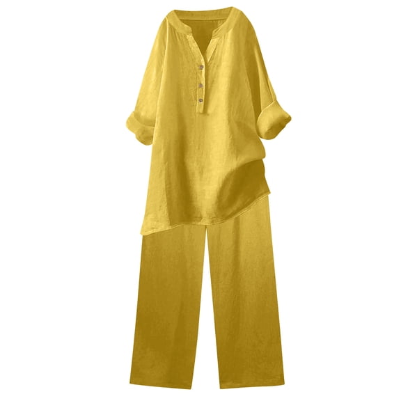Paiyanr Cotton Linen Sets for Women Summer Breathable Tops Pants 2 Piece Outfits Solid Color Loose Casual Two Piece Suit