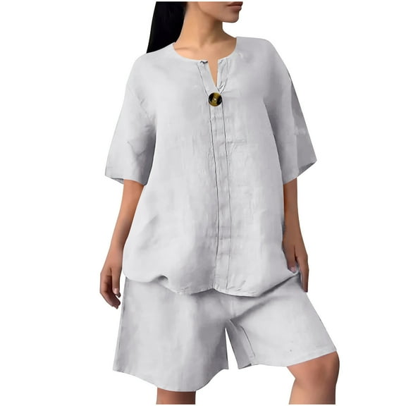 Paiyanr Cotton Linen Sets for Women Summer Breathable Tops Shorts 2 Piece Outfits Solid V-Neck Button Casual 3/4 SLeeve Short Pant Set