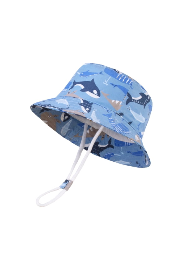 Kids Toddle Whale Print Bucket Hat UV Protection Wide Brim Adjustable Strap Breathable Summer Beach Hat