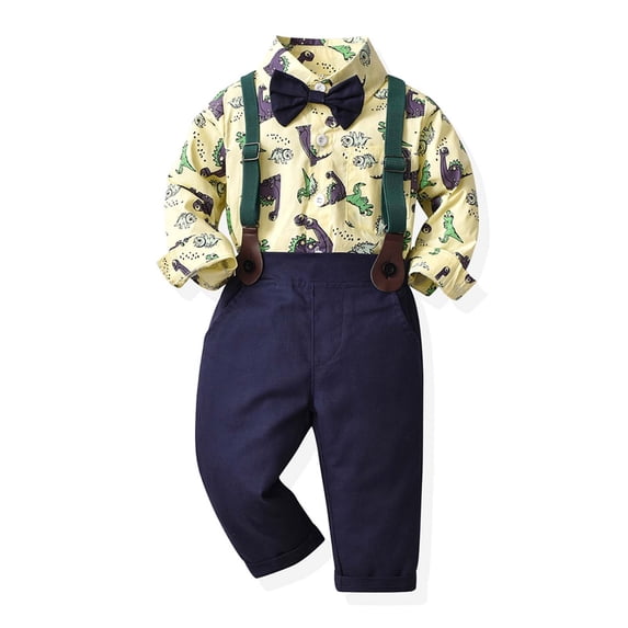 Paiyanr Toddler Boys Gentleman Formal Dress Suit Spring Long Sleeve and Strap Pants Suit Outfit For Baby Toddler Printing Photography Performance Set Yellow