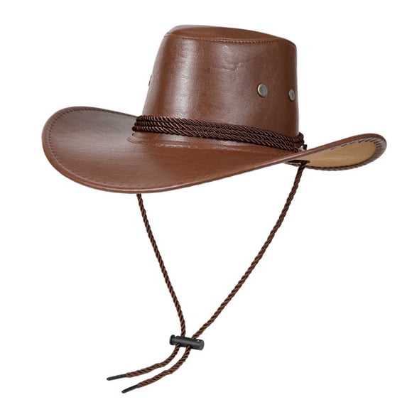 TFEOQRY Unisex Faux Leather Cowboy Hat with Braided Rope Wide Brim UV Protection Adjustable Strap Breathable Retro Western Sun Hat