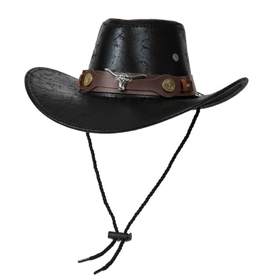 TFEOQRY Unisex Faux Leather Cowboy Hat with Bull Head Embellished Band Wide Brim UV Protection Adjustable Strap Retro Western Sun Hat