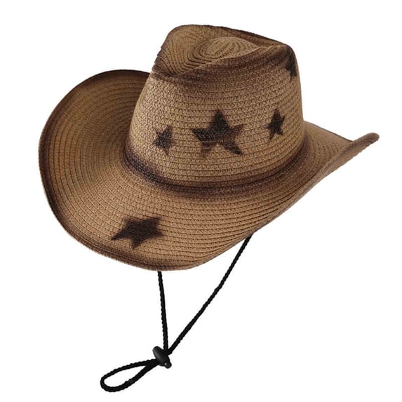 TFEOQRY Unisex Straw Cowboy Hat with Star Print Large Wide Brim UV Protection Adjustable Strap Summer Sun Hat