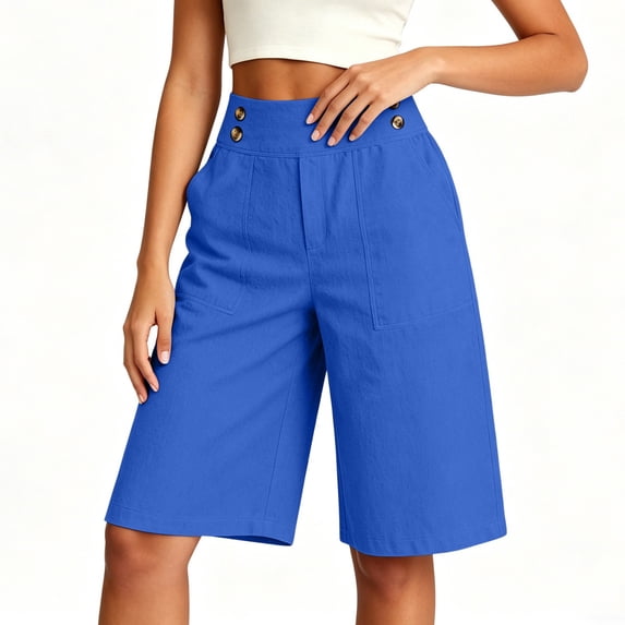 TFEOQRY Women's Bermuda Shorts Cotton Linen High Waisted Button Pocket Knee-Length Pants Solid Color Loose Casual
