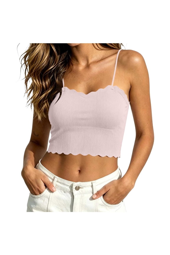 Womens Crop Tops Built in Padded Bra Ruffle Trim Ribbed Spaghetti Strap Casual Summer Cami Tank