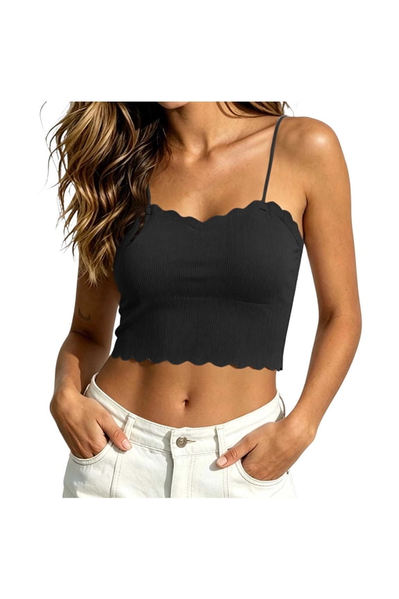 Womens Crop Tops Built in Padded Bra Ruffle Trim Ribbed Spaghetti Strap Casual Summer Cami Tank