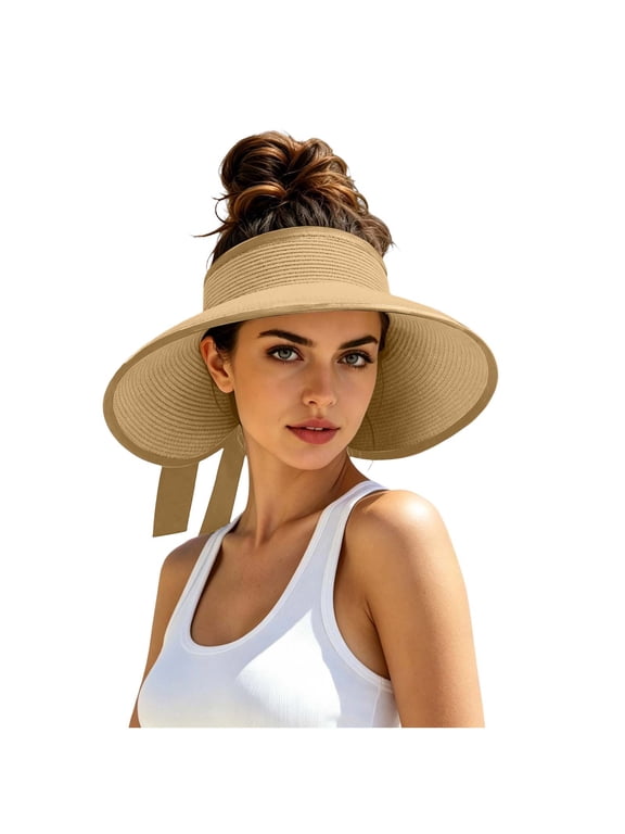 Women's Straw Sun Visor Hat with Bow Back Detail UV Protection Wide Brim Summer Beach Ponytail Hat