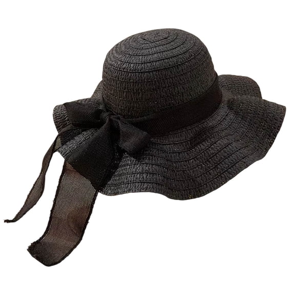 TFEOQRY Women's Summer Bow Straw Hats Wavy Wide Brim Foldable UV Protection Floppy Beach Hat