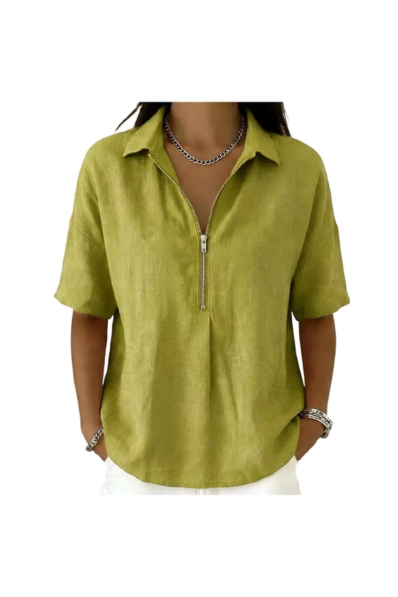 Womens Front Half Zip Tops Collared Linen Blend Short Sleeve Summer Loose Causul Blouse