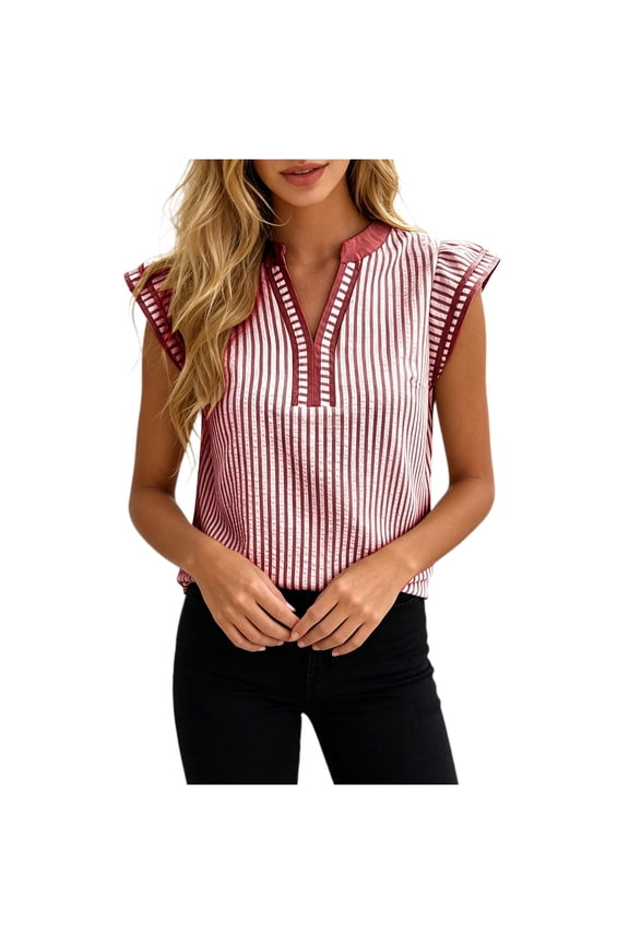 TFEOQRY Womens Tops Cap Sleeve V-Neck Striped Color Block Casual Loose Blouse Soft Comfortable