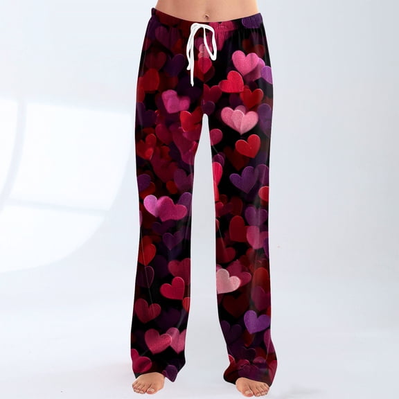 Pajama Bottoms for Women Heart Print Soft Lounge Pants Drawstring Jogger Wide Leg Athletic Pants