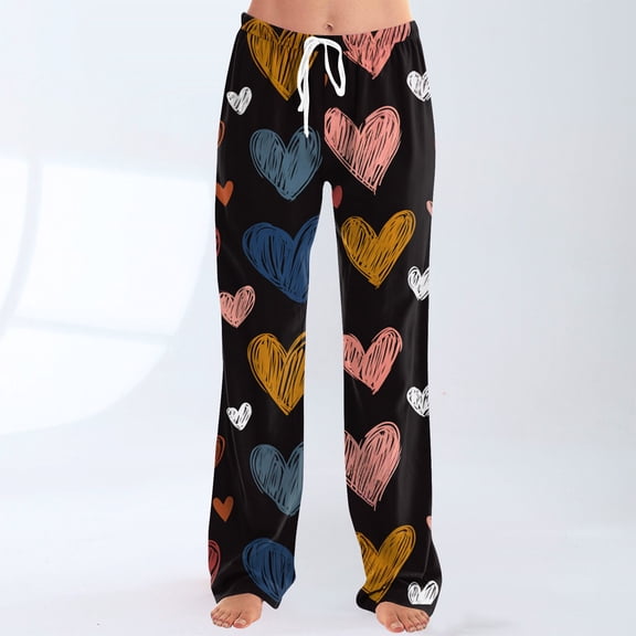 Pajama Bottoms for Women Heart Print Soft Lounge Pants Drawstring Jogger Wide Leg Athletic Pants