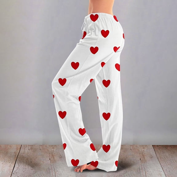 Pajama Bottoms for Women Heart Print Soft Lounge Pants Wide Leg Elastic Waist Comfy Relaxed Fit Pants