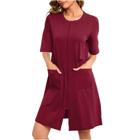 Pajama Dress New Housecoat for Women Zipper Front Bathrobe 3/4 Sleeve Lounge Housedress with Pocket Nightgown Nightie Wine XL