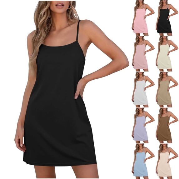 Pajama Dress for Women Short Slip Nightgown for Women Spaghetti Strap Sleeveless Casual Nightdress Loose Home Cami Sleep Dress Black One Size