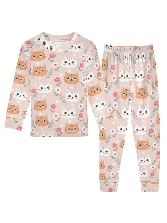 Pajama Kitten Flower Pattern Cute Comfortable Cotton Two-piece Pajama Set