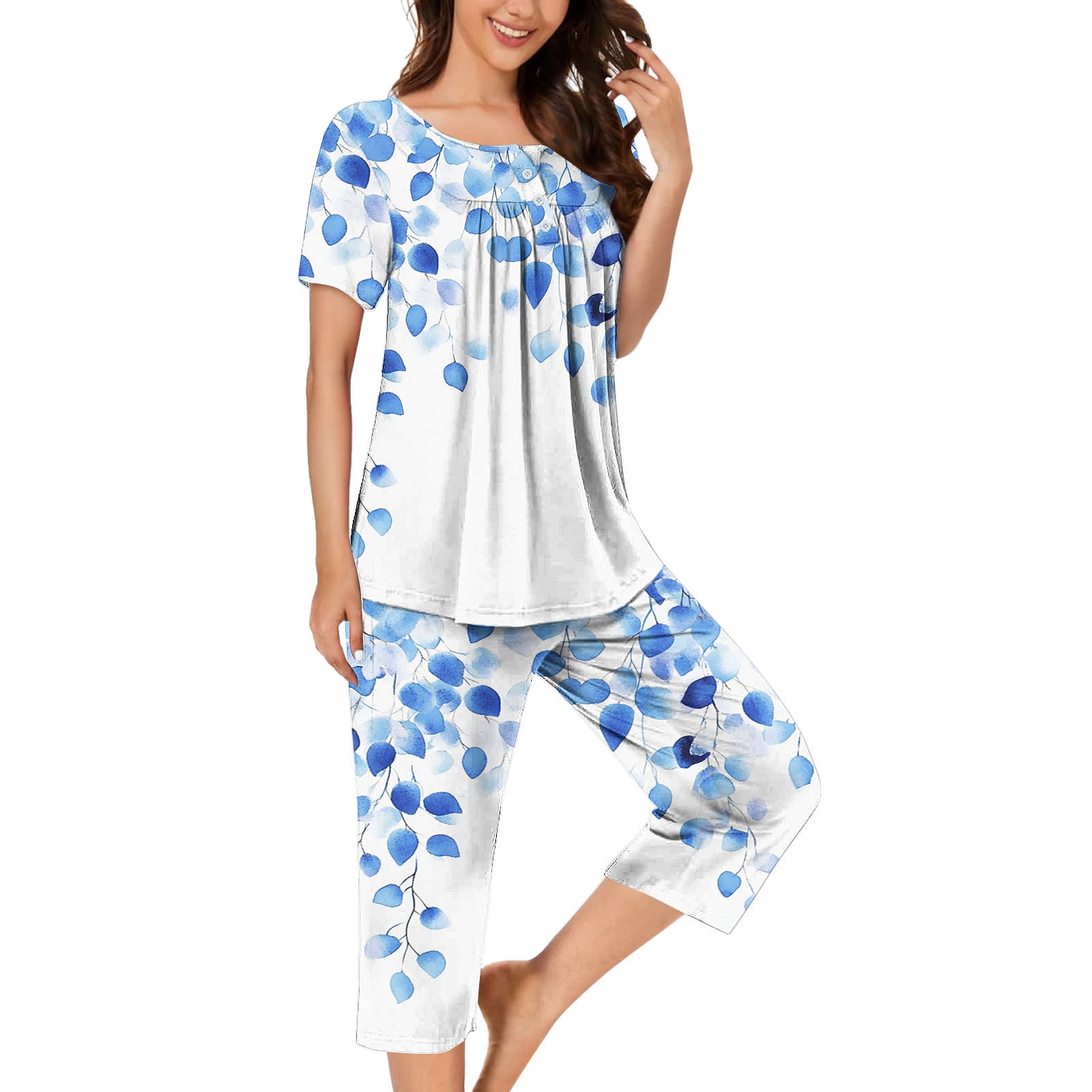Anjue Women's Short Sleeve Pajama Set - Soft Bamboo Pjs With Shorts & Pockets, Cobalt Blue