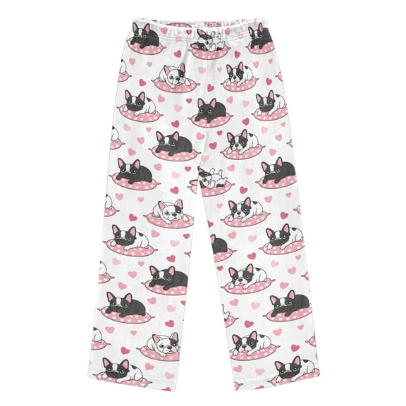 Pajama Pants Cute French Dogs Pink Long Pant Lounge Casual Elastic Waist Sleep Flannel Pants