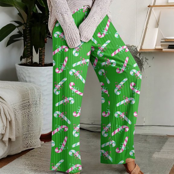 Pajama Pants with Drawstring Elastic Waist, Christmas Print Sleepwear, Comfortable Straight Leg Loose Holiday Pants for Women, Festive and Warm,Green,S