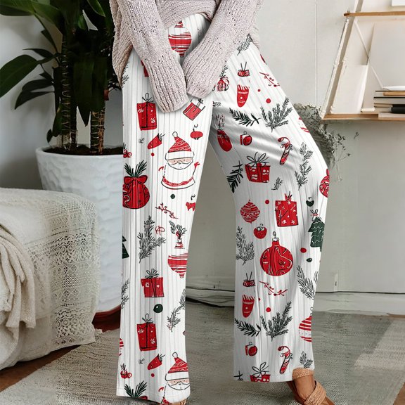 Pajama Pants with Drawstring Elastic Waist, Christmas Print Sleepwear, Comfortable Straight Leg Loose Holiday Pants for Women, Festive and Warm,Vermilion,S
